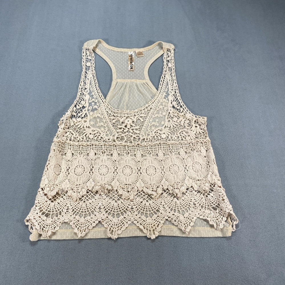 Eyeshadow Tank Top Women Medium Beige Crochet Lace Mesh Racerback Boho U11681NVN